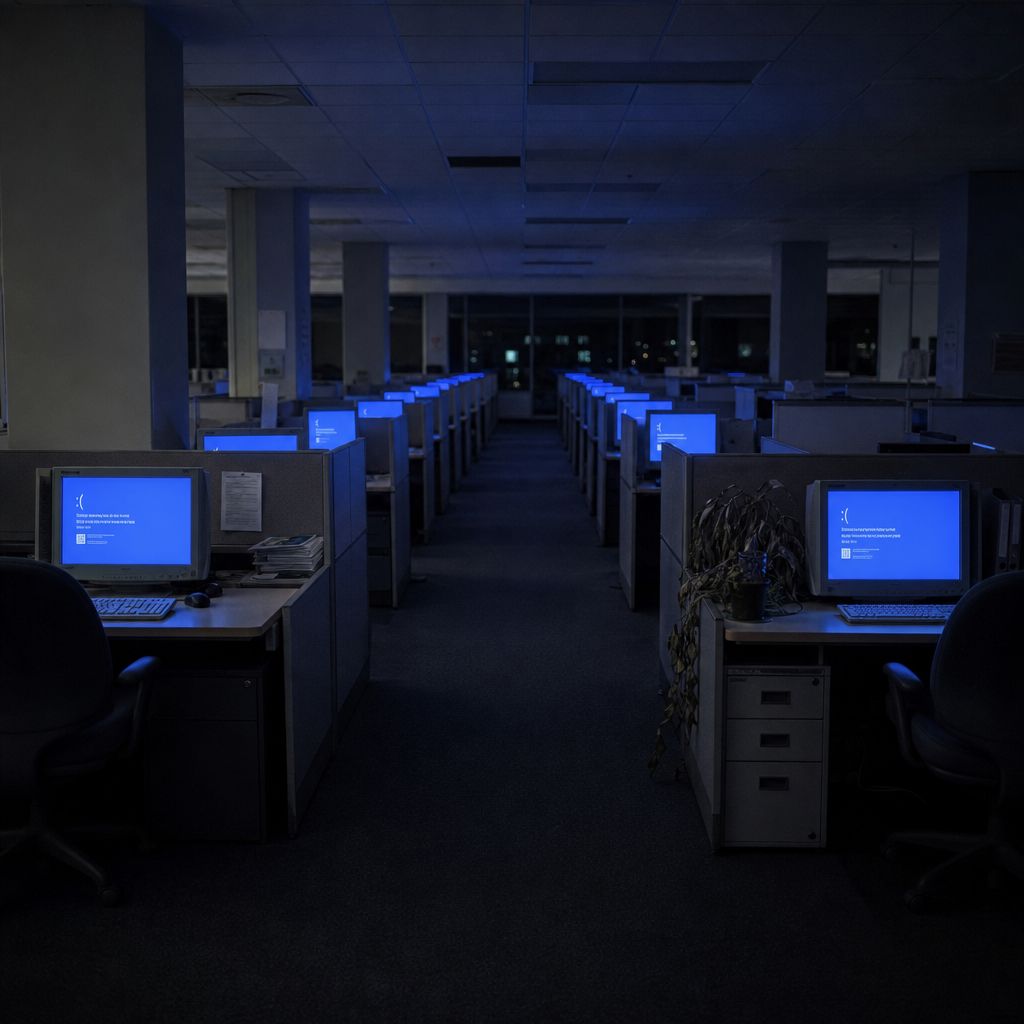 A night office of empty cubicles, every monitor glowing the same blue.