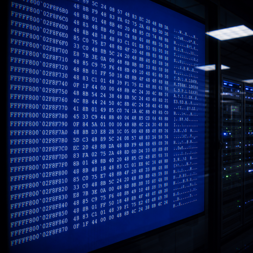 A wall of hexadecimal memory dump on a blue display.