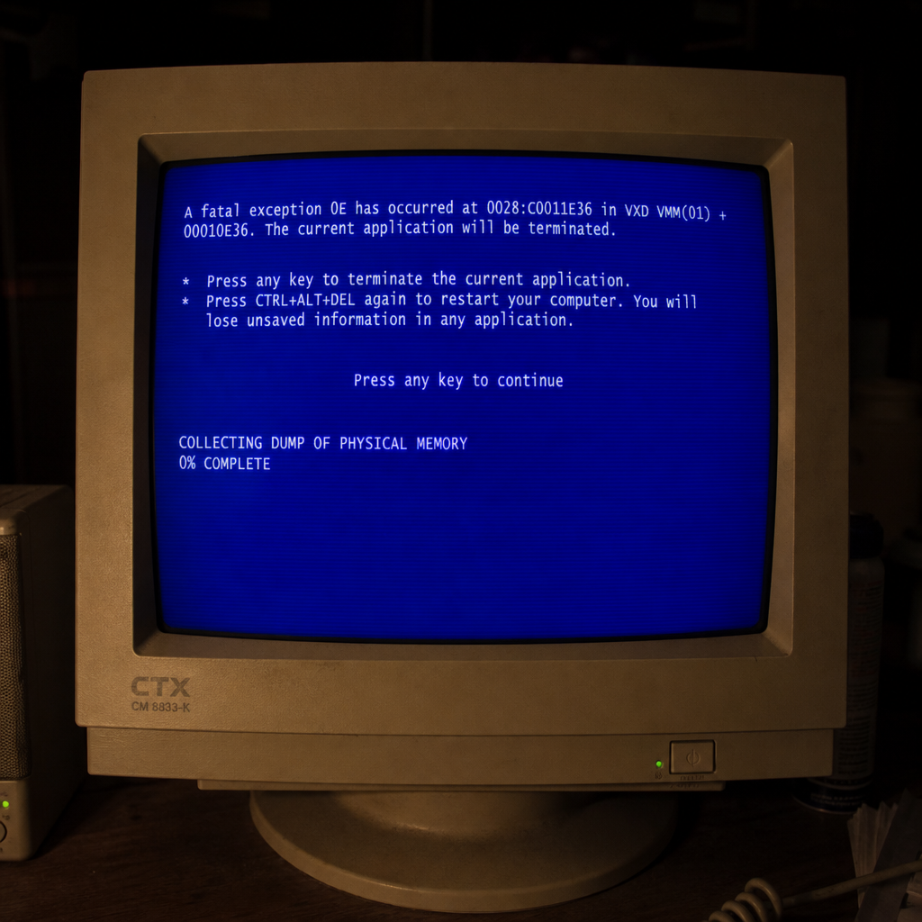 A beige CRT in the dark showing a classic blue dump screen stuck at 0% complete.