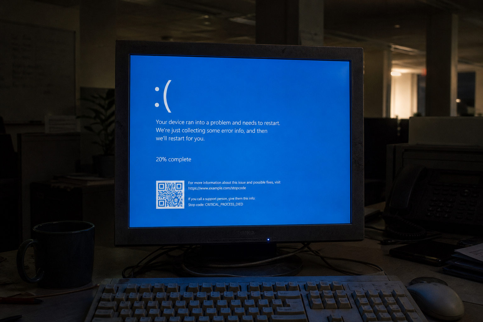 A darkened office monitor showing a full-screen Blue Screen of Death.
