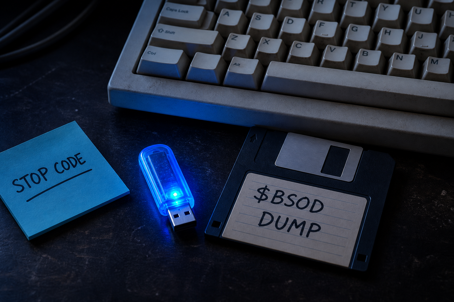A blue USB stick and a floppy disk labeled $BSOD DUMP next to a beige keyboard.